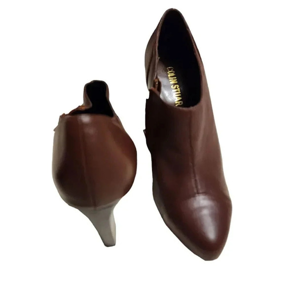 New Colin Stuart Women\'s Brown Leather Side Zip Ankle Block Heel Booties Size 8B